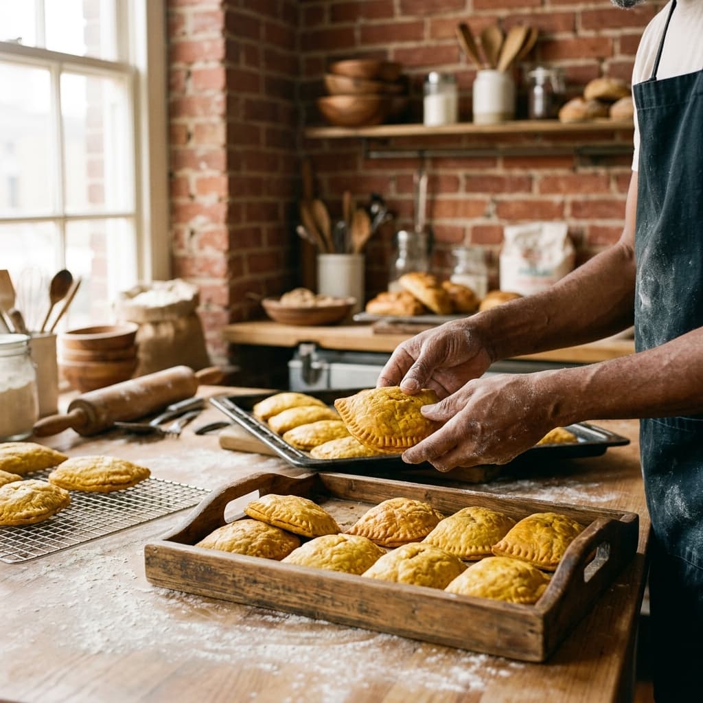 Baker placing freshly baked Jamaican patties on a tray in an artisan kitchen