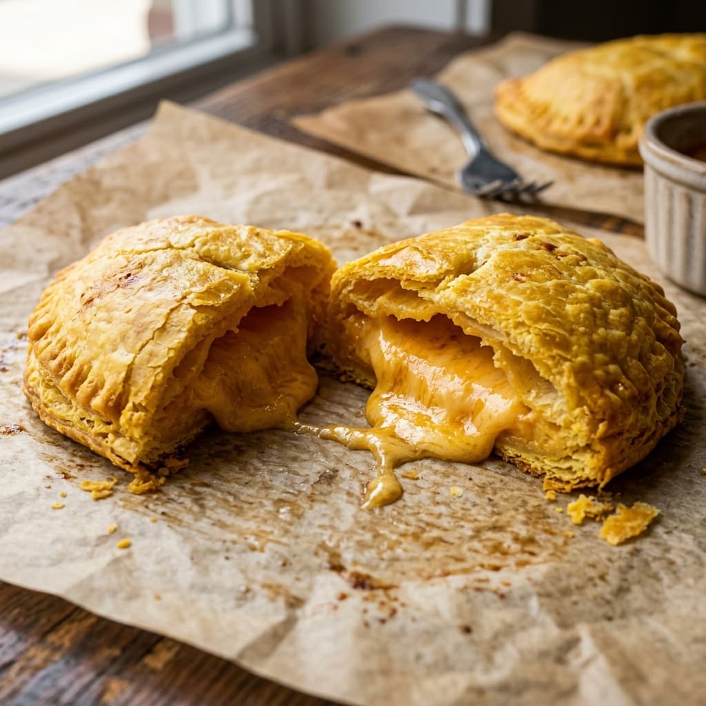 Cheesy Beef Patty — Jamaican patty cross-section showing filling