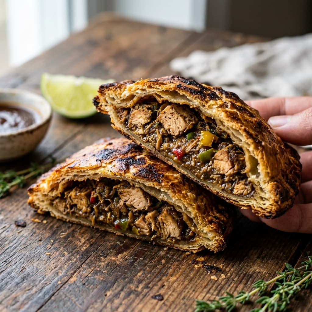 Jerk Chicken Patty — Jamaican patty cross-section showing filling